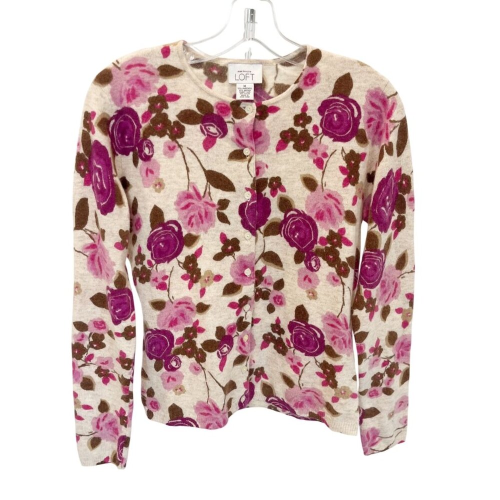 LOFT Cream Floral Crewneck Cardigan Sweater - Pink & Brown Roses
